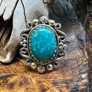 925 Sterling Silver Kingman Turquoise Ring Ornate Southwestern Sz 6.75